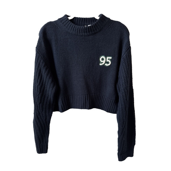 H&M Divided Womens M Preppy Embroidered 95 Mock Neck Crop Boxy Oversized Sweater - Picture 1 of 10